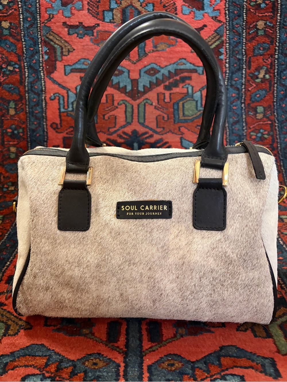 Neutral Haircalf Satchel with Black Trim